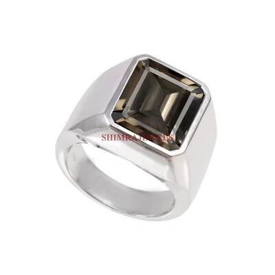 Piedra preciosa de cuarzo ahumado natural con anillo de plata enchapado en oro blanco de 18 quilates para hombre #257 Foto 1 de 4