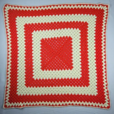 Vtg Handmade Crochet Afghan Throw Blanket Red Ivory Granny Square Cozy Lap Throw - Image 1 of 4