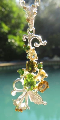 Oval & Round Peridot Tourmaline Leaf Flower Sterling Silver Necklace Pretty! - Image 1 of 4