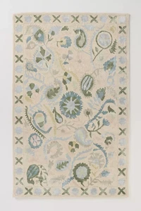 Tappeto zona lana trapuntato a mano panna blu verde motivo floreale Suzani, tappeto moderno morbido - Foto 1 di 4