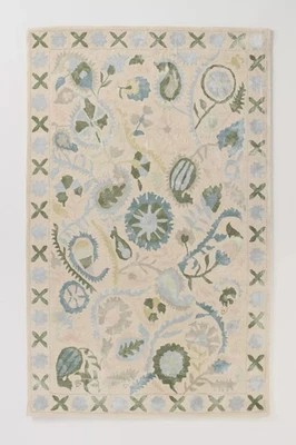 Hand Tufted Wool Area Rug Cream Blue Green Floral Suzani Pattern, Soft Moder rug - Image 1 of 4
