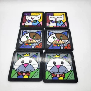 Romero Britto Cat Coasters Set of 6 Vintage Cork Backed 4" Pre Owned - Picture 1 of 2