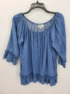 Hester & Orchard Top Damen mittelblau Chambray Rüschensaum 3/4 Arm - Bild 1 von 10