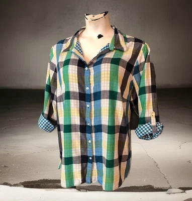 Fully Lined Blouse Size 3X Plaid & Gingham Prints Roll Tab Sleeves Button Up Top - Image 1 of 4