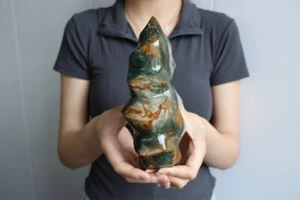8" Natural Ocean Jasper Carved Flame,Hand Carved Flame,Reiki Healing Home Decor - Picture 1 of 10