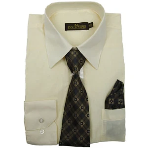 Camisa de vestir crema para hombre manga larga con corbata y pañuelo a juego tallas S a 2XL - Imagen 1 de 2