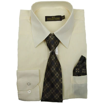 Camisa de vestir crema para hombre manga larga con corbata y pañuelo a juego tallas S a 2XL Foto 1 de 2