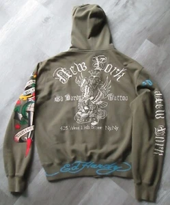 DE COLECCIÓN ED HARDY CHRISTIAN AUDIGIER SUDADERA CON CAPUCHA CREMALLERA COMPLETA VERDE BORDADO SERIGRAFÍA - Imagen 1 de 12