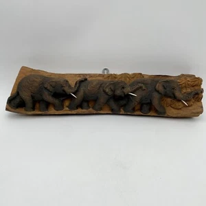 Wood Carved African Family Elephants Walking Raw Edge Wall Art Primitive - Picture 1 of 12