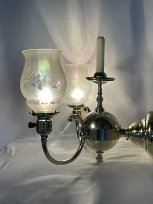 RESTORED Antique Victorian Art Deco Brass Wall Sconce Uranium Glass Gasolier Vtg - Image 1 of 4