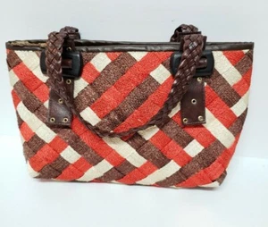Borsa donna senza marchio cestino tessuto bianco, rosso e marrone 14x11 - Foto 1 di 7