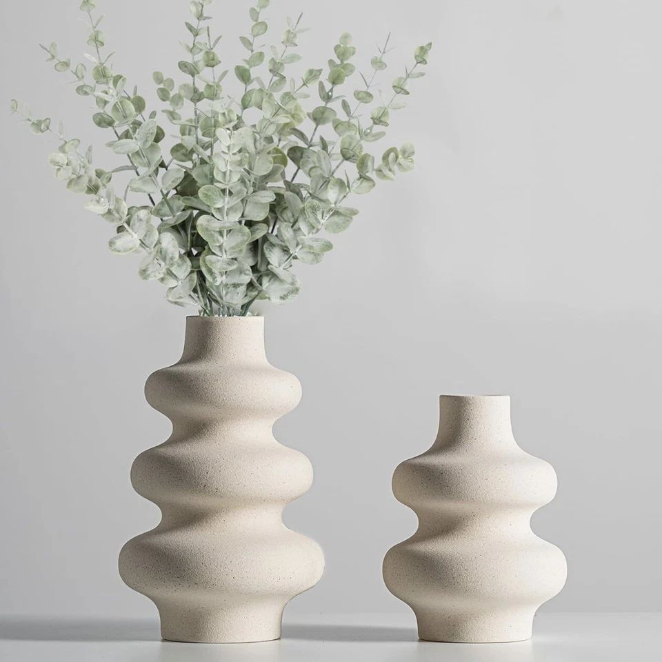NEW West Elm Large Cream Stoneware Ceramic Geometric Flower Vase Décor Set of 2 - Image 1 of 4