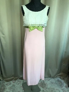 Vintage 1950's Miss Cates of Denver lace and pink with green bow long dress - Picture 1 of 10