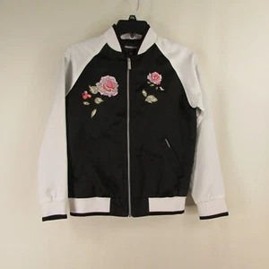 Members Only USA Womens Size 12 Zip Up Jacket Black And White With Roses Damaged - Picture 1 of 21