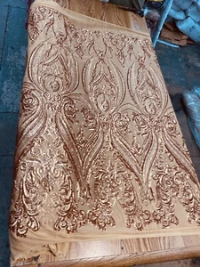 MATT GOLD DAMASK SEQUINS DESIGN ON A 4 WAY STRETCH  MESH-PROM-BY YARD. - Picture 1 of 1