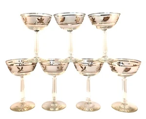 Mid Century Libbey Glass Silver Leaf Champagne Coupe Glasses Cocktail/Martini Ba - Picture 1 of 15