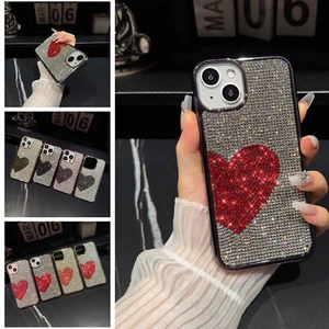 For iPhone 15 Pro Max 14 13 12 Plated Glitter Rhinestone Heart Design Phone Case - Picture 1 of 19