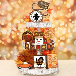 14 Pcs Fall Tiered Tray Decor Set Thanksgiving Pumpkin Wooden Home Decoration... - Picture 1 of 6
