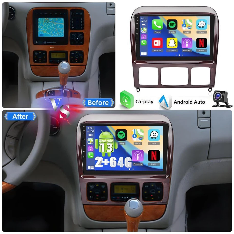 2+64G Android 13 Carplay Car Stereo Radio For Mercedes-Benz S-Class W220 + CAM Foto 1 de 4