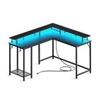 L Shaped Gaming Desk w/Power Outlets & LED Lights, Office Desk w/Monitor Stand
