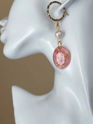 Pendientes de ópalo 21x28 mm ópalos de resina rosa Sherbet con perlas de agua dulce Foto 1 de 4