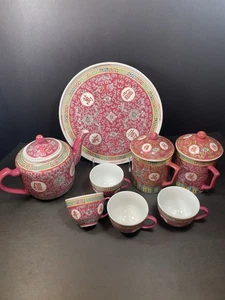 Juego de té Mun Shou Longevidad rosa rojo 11 piezas tetera 4 tazas bandeja 2 tazas con tapa - Imagen 1 de 21