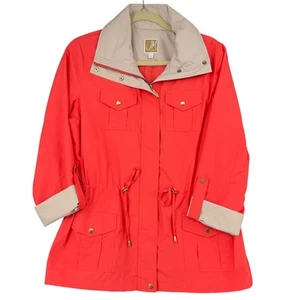 JM Collection Red Drawstring Waist Buttoned Pockets Raincoat Jacket Small - Picture 1 of 8