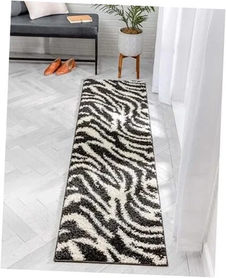  Madison Shag Safari Zebra Black Animal Print Area Rug 2'3" x 7'3" Runner  - Image 1 of 4
