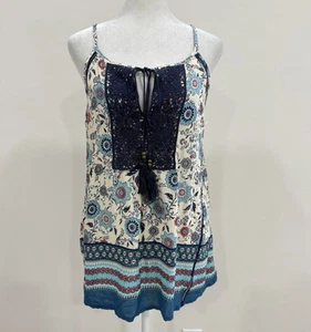NWT Solitaire Crochet V-Neck Tunic Sleeveless Tassel Women's Blue/Pink Floral M - Bild 1 von 6