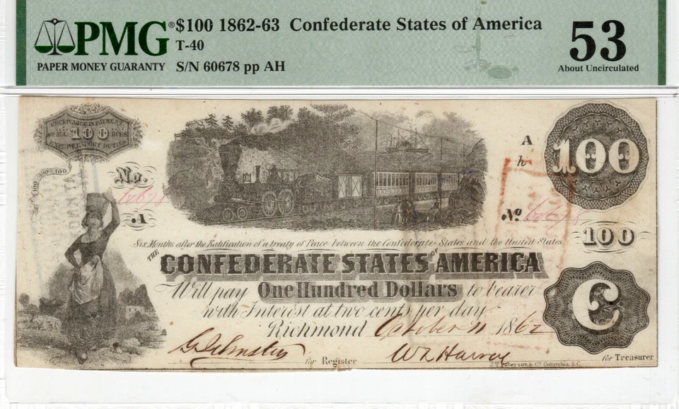 T-40 PF-1 1862 $100 Confederate Paper Money - PMG About Uncirculated 53 - Image 1 of 2