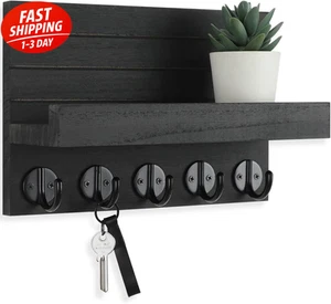 Wall Mounted Key Holder with Mail Shelf – Rustic Wood Organizer Hooks  - Picture 1 of 7