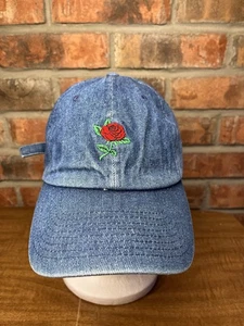Denim Embroidered Red Rose Kbethos Fashion Strapback Buckle Hat Casual Flower - Picture 1 of 8