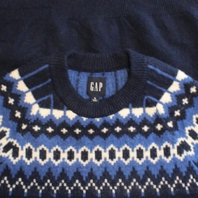 Gap $88 Small Navy Blue Fair Isle Nordic Crew Neck Wool Blend Sweater - Image 1 of 4