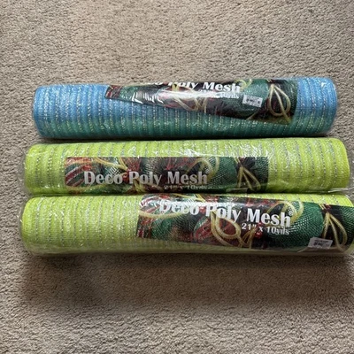Deco Poly Mesh 21” X 10 Yards Two Lime Green And One Sky Blue Tinsel LOT OF 3 - Image 1 of 4