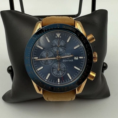 Reloj cronógrafo Benyar BY-5140M para hombre esfera azul caja dorada correa de cuero marrón Foto 1 de 4