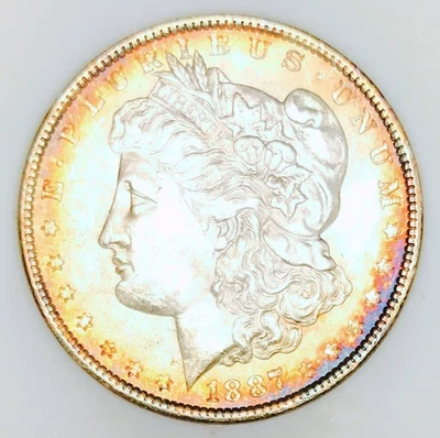 1887 P MORGAN DOLLAR! GEM BU+++! BEYOND GORGEOUS RAINBOW RIMS! PRETTY! NR #K2517 - Image 1 of 3