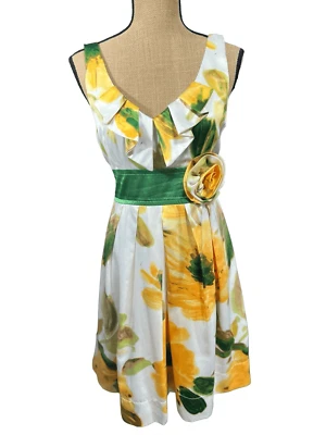 Solero floral amarillo de inspiración vintage talla 13 de tul con cuello en V cintura verde Foto 1 de 4