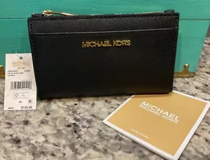 MICHAEL KORS Jet Set Sm Zip Leather Wallet Card Case 38R4GJ6D5L Black MSRP $128 - Picture 1 of 5