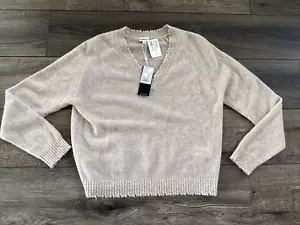 Minnie Rose Women's Beige 100% Cashmere Frayed Hem Pullover Sweater Size Medium - Picture 1 of 15