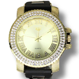 Orologio Uomo 2 Fila Lunetta Grande Faccia Analogico 44mm Zirconi Cinturino Gomma Placcato Oro Lusso - Foto 1 di 5