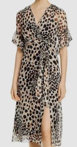 $945 Elie Tahari Women's Brown Leopard V-Neck Chiffon Ruffle Belted Silk Dress 2 - Picture 1 of 2