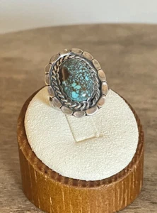 Vintage Sterling Silver Native American Dark Matrix Turquoise Ring Size 8 - Picture 1 of 9