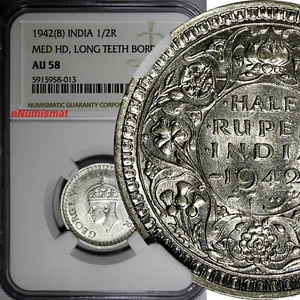 India-British George VI Silver 1942 (B) 1/2 Rupee Bombay NGC AU58 KM# 552 (013) - Picture 1 of 4