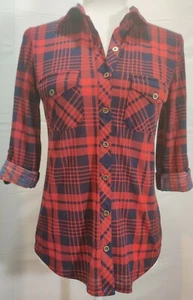 Camisa para mujer talla pequeña Polly & Esther roja/azul a cuadros con botones ajustable Mangas - Imagen 1 de 4
