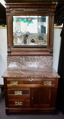 Antique Marble Top Carved Dresser & Swivel Beveled Mirror. Eastlake. 3 Drawers - Image 1 of 4