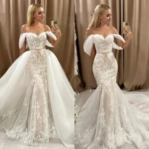 Detachable Train Wedding Dresses Champagne Mermaid Off Shoulder Lace Bridal Gown - Picture 1 of 9