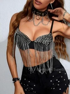Gothic Silver Spiked Chain Detailed Fringe Black Bustier Crop Top Bra! Sz Mediun - Picture 1 of 5