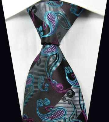 NUEVA CORBATA DE LUJO PAISLEY NEGRA PLATA PÚRPURA JACQUARD TEJIDA 100% SEDA PARA HOMBRE Foto 1 de 2
