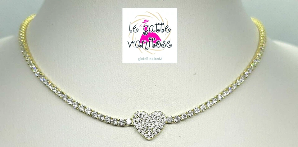 choker collana donna in Argento 925 dorato cuore  zirconi bianchi. collana tenni - Immagine 1 di 4