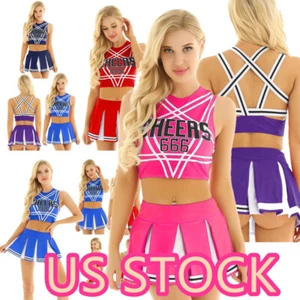 ~Women Sexy Cheerleader Cosplay Uniform Fancy Dress Outfit Crop Top+Skirt Set - Picture 1 of 76